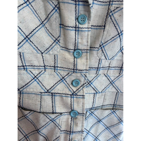 Vintage Plaid Linen Blazer Blue White Windowpane Check Tailored Jacket Handmade - Picture 4 of 11